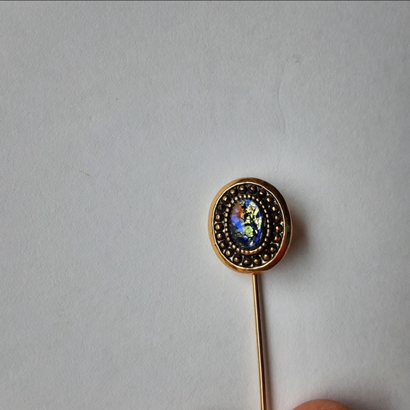 Vintage Faux Opal Geographic Mutlicolor Stone Oval Gold Tone Stick Pin Brooch - Picture 2 of 6